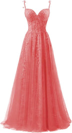 Vestidos de fiesta de tul con apliques de encaje para mujer 2025, vestido de fiesta formal de noche con tirantes finos y abertura 