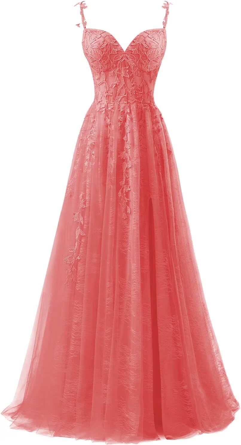 Lace Applique Tulle Prom Dresses for Women 2025 Spaghetti Straps Ball Gown Formal Evening Party Gown with Slit