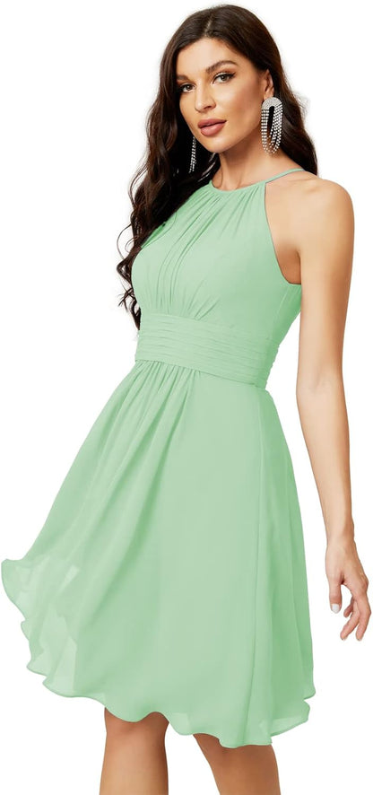 Sunnderly Short Halter Top Chiffon Bridesmaid Dresses Tea Length A Line Formal Evening Party Cocktail Dress Dusty Rose