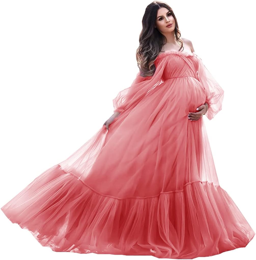 Puffy Sleeve Maternity Dress Tulle Robe for Photoshoot Off Shoulder Pregnancy Baby Shower Gown