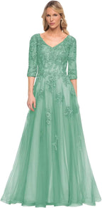 Damen V-Ausschnitt 3/4 Ärmel Kleid für die Brautmutter A-Linie Tüll Spitzenapplikationen Langes formelles Partykleid QA117 