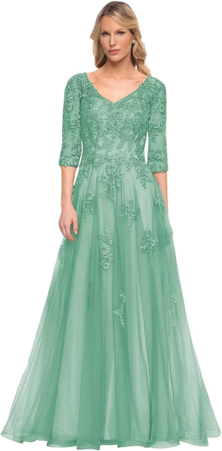 Damen V-Ausschnitt 3/4 Ärmel Kleid für die Brautmutter A-Linie Tüll Spitzenapplikationen Langes formelles Partykleid QA117 