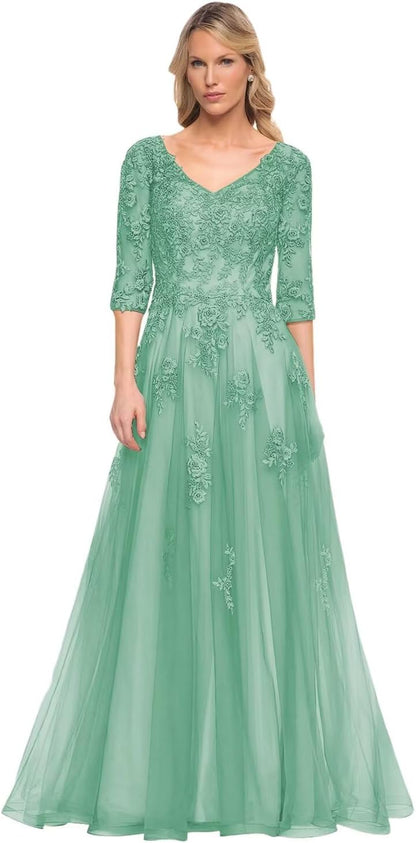 Women's V-Neck 3/4 Sleeve Mother of The Bride Dress A-line Tulle Lace Appliques Long Formal Party Dress QA117