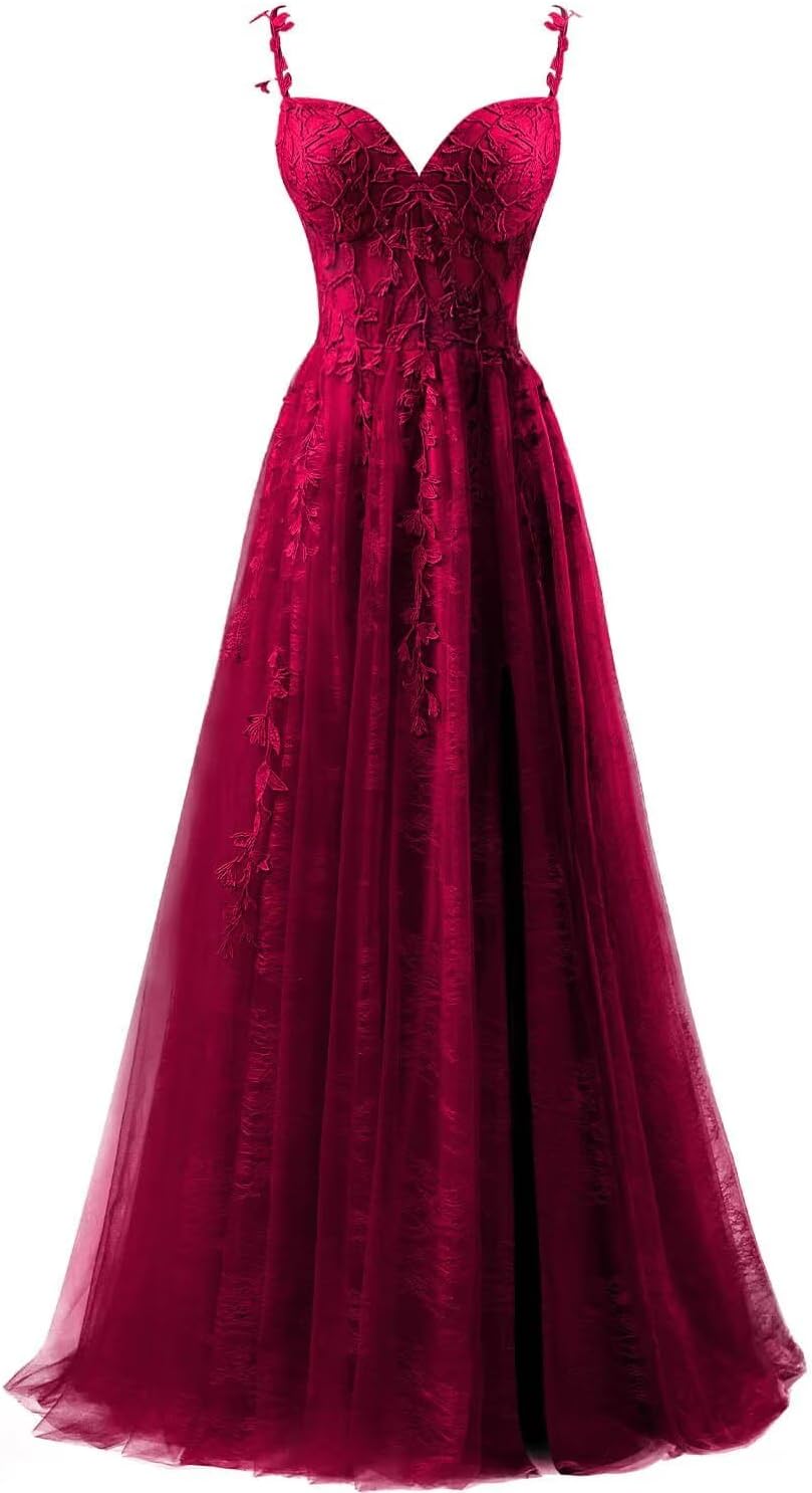 Vestidos de fiesta de tul con apliques de encaje para mujer 2025, vestido de fiesta formal de noche con tirantes finos y abertura 