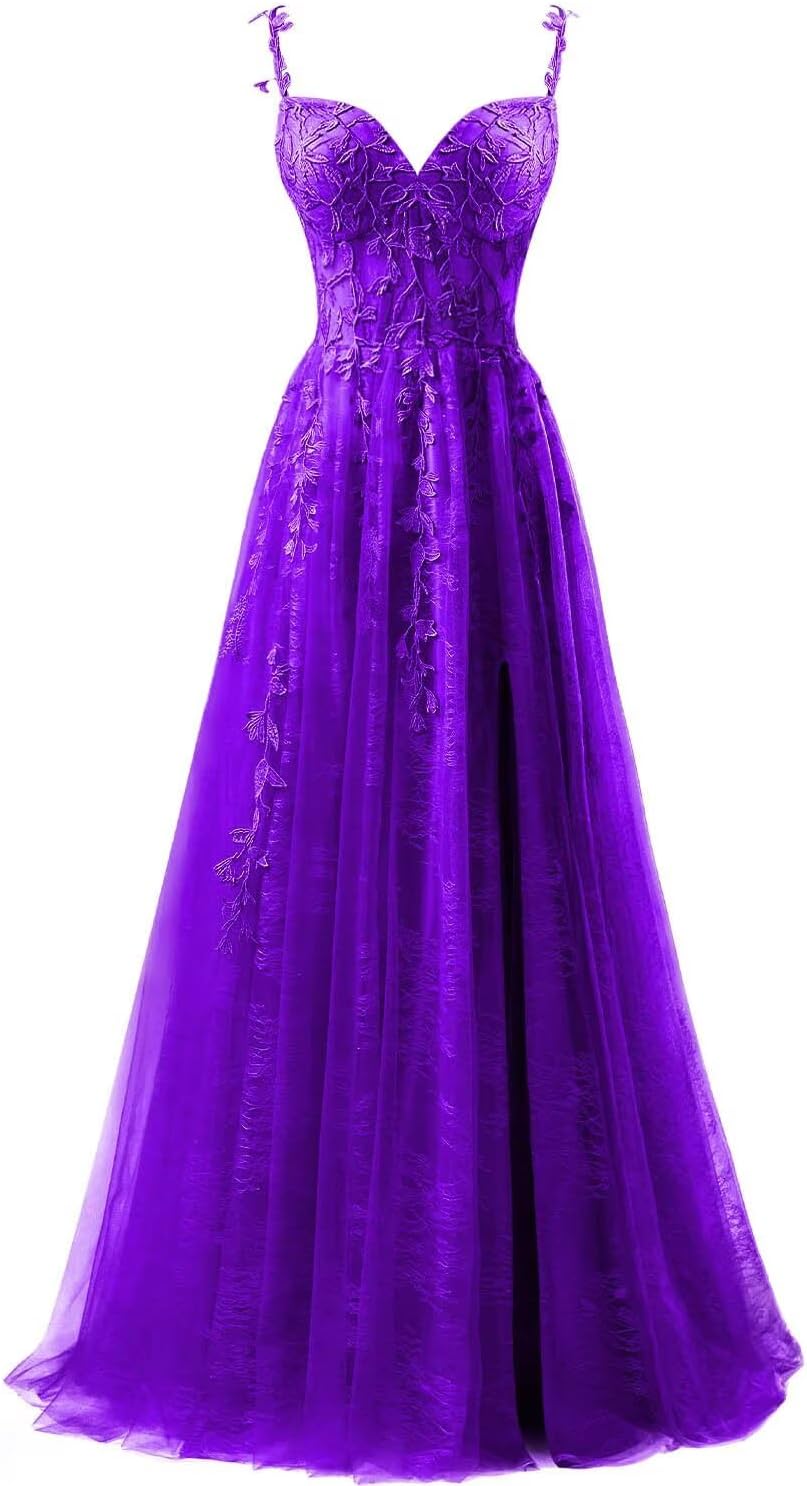 Lace Applique Tulle Prom Dresses for Women 2025 Spaghetti Straps Ball Gown Formal Evening Party Gown with Slit