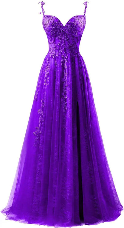 Lace Applique Tulle Prom Dresses for Women 2025 Spaghetti Straps Ball Gown Formal Evening Party Gown with Slit