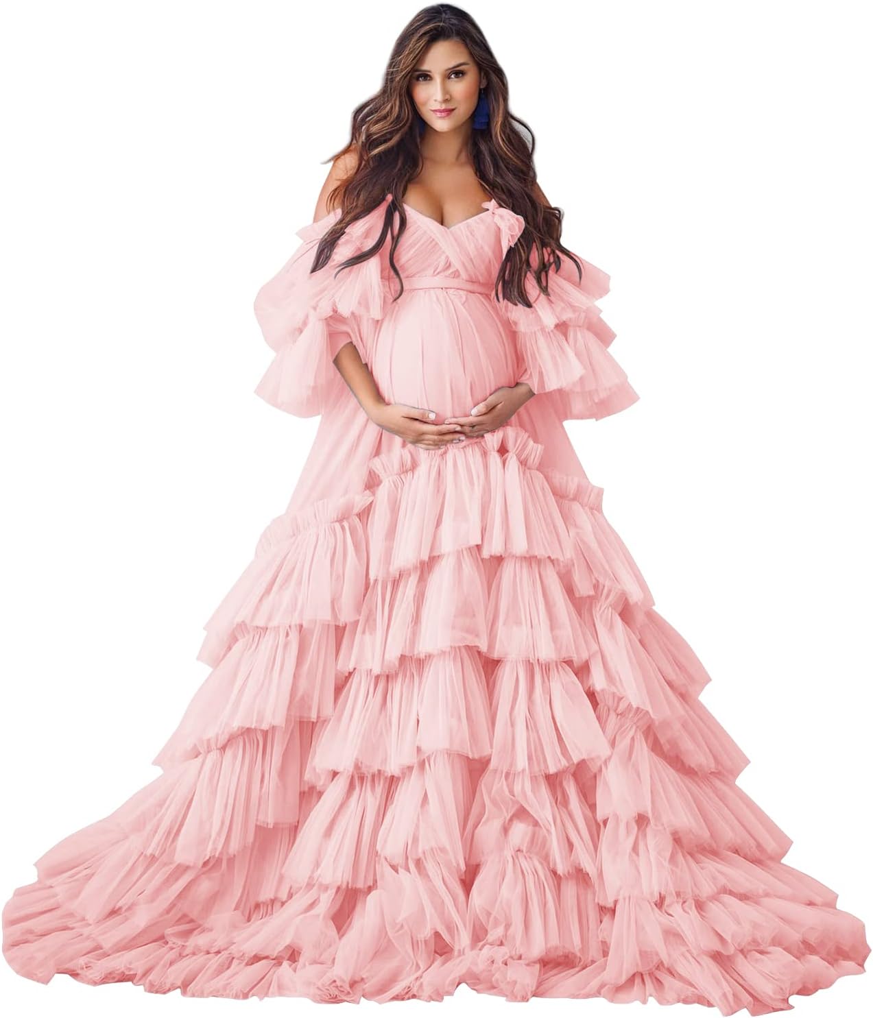 Puffy Tüll Robe Umstandskleid für Fotoshooting Transparente Braut Dessous Hochzeitskleid Lange Baby Shower Schwangerschaftskleider 