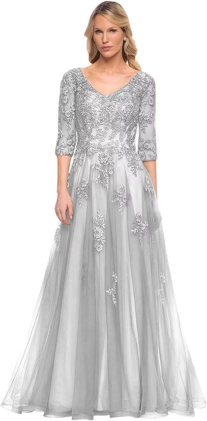 Women's V-Neck 3/4 Sleeve Mother of The Bride Dress A-line Tulle Lace Appliques Long Formal Party Dress QA117