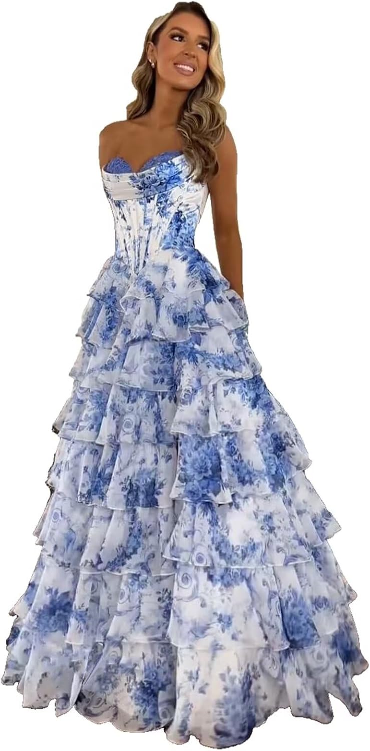 Trägerloses Korsett-Ballkleid für Damen 2025, langes, gestuftes, gerüschtes Chiffon-Abendkleid mit Schlitz 