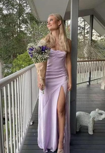 Spaghetti Strap Satin Prom Dresses Long A Line Pleated Corset Bridesmaid Formal Dress with Slit