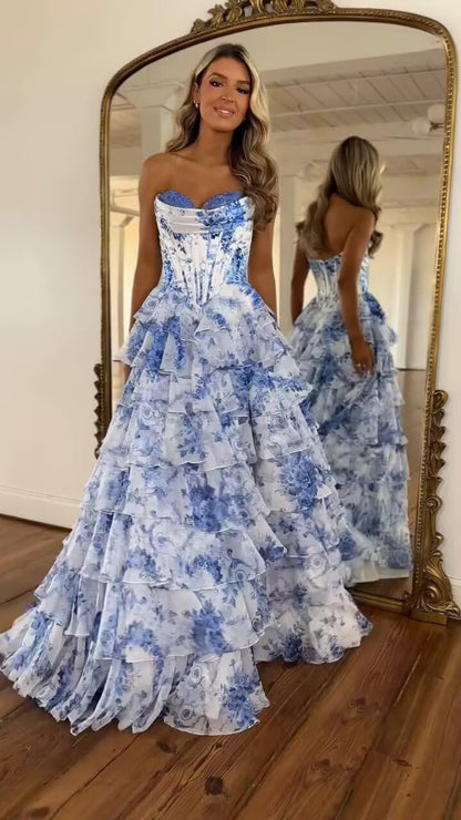 Trägerloses Korsett-Ballkleid für Damen 2025, langes, gestuftes, gerüschtes Chiffon-Abendkleid mit Schlitz 