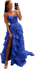 Glitzerndes, gestuftes Spitzen-Tüll-Ballkleid, lang, 2025, Spaghettiträger, formelles Korsett-Abendkleid mit Schlitz 