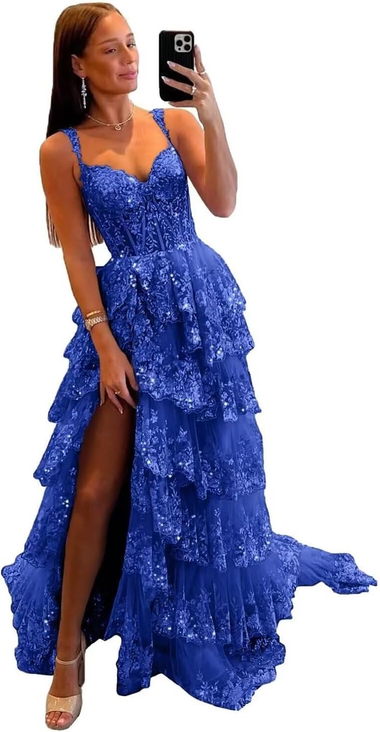 Glitzerndes, gestuftes Spitzen-Tüll-Ballkleid, lang, 2025, Spaghettiträger, formelles Korsett-Abendkleid mit Schlitz 