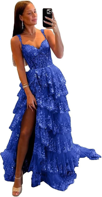 Glitzerndes, gestuftes Spitzen-Tüll-Ballkleid, lang, 2025, Spaghettiträger, formelles Korsett-Abendkleid mit Schlitz 
