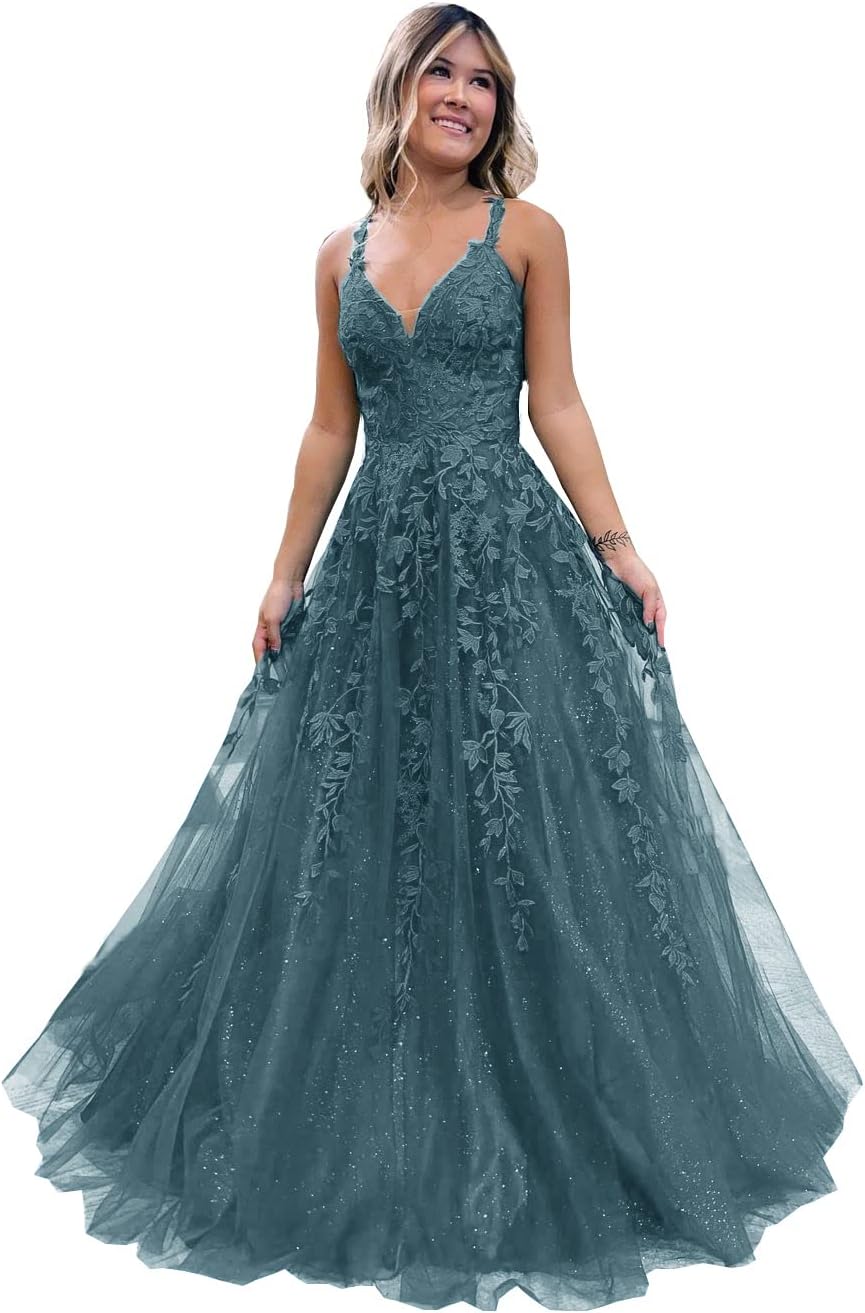 Floral Lace Glitter Tulle Prom Dress Long Ball Gown V Neck Formal Evening Dress Maxi Party Gown