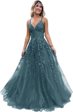 Floral Lace Glitter Tulle Prom Dress Long Ball Gown V Neck Formal Evening Dress Maxi Party Gown