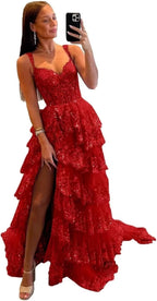 Glitzerndes, gestuftes Spitzen-Tüll-Ballkleid, lang, 2025, Spaghettiträger, formelles Korsett-Abendkleid mit Schlitz 