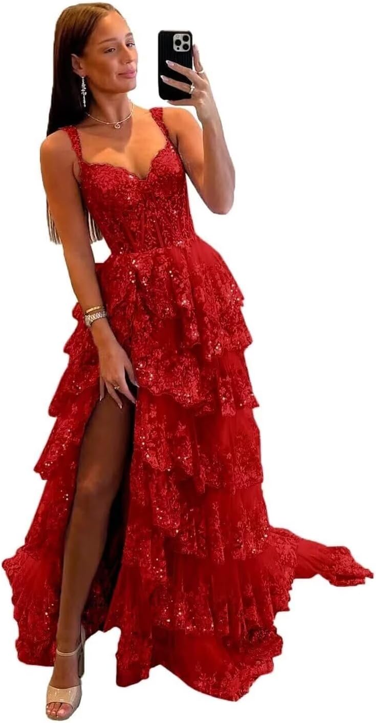 Glitzerndes, gestuftes Spitzen-Tüll-Ballkleid, lang, 2025, Spaghettiträger, formelles Korsett-Abendkleid mit Schlitz 