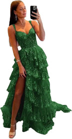 Glitzerndes, gestuftes Spitzen-Tüll-Ballkleid, lang, 2025, Spaghettiträger, formelles Korsett-Abendkleid mit Schlitz 