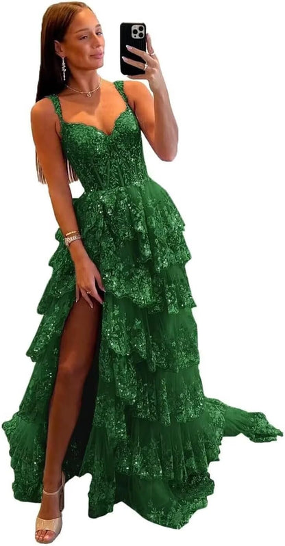 Glitzerndes, gestuftes Spitzen-Tüll-Ballkleid, lang, 2025, Spaghettiträger, formelles Korsett-Abendkleid mit Schlitz 