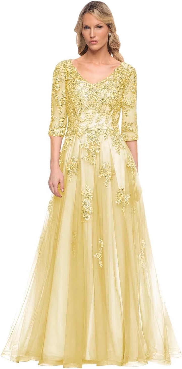 Women's V-Neck 3/4 Sleeve Mother of The Bride Dress A-line Tulle Lace Appliques Long Formal Party Dress QA117