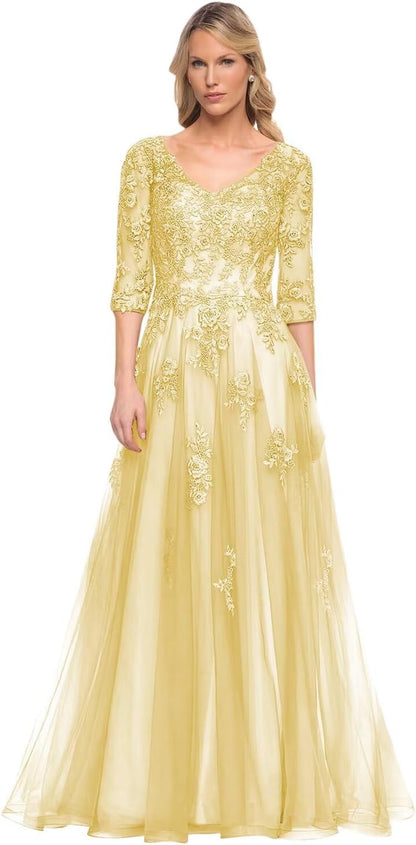 Women's V-Neck 3/4 Sleeve Mother of The Bride Dress A-line Tulle Lace Appliques Long Formal Party Dress QA117