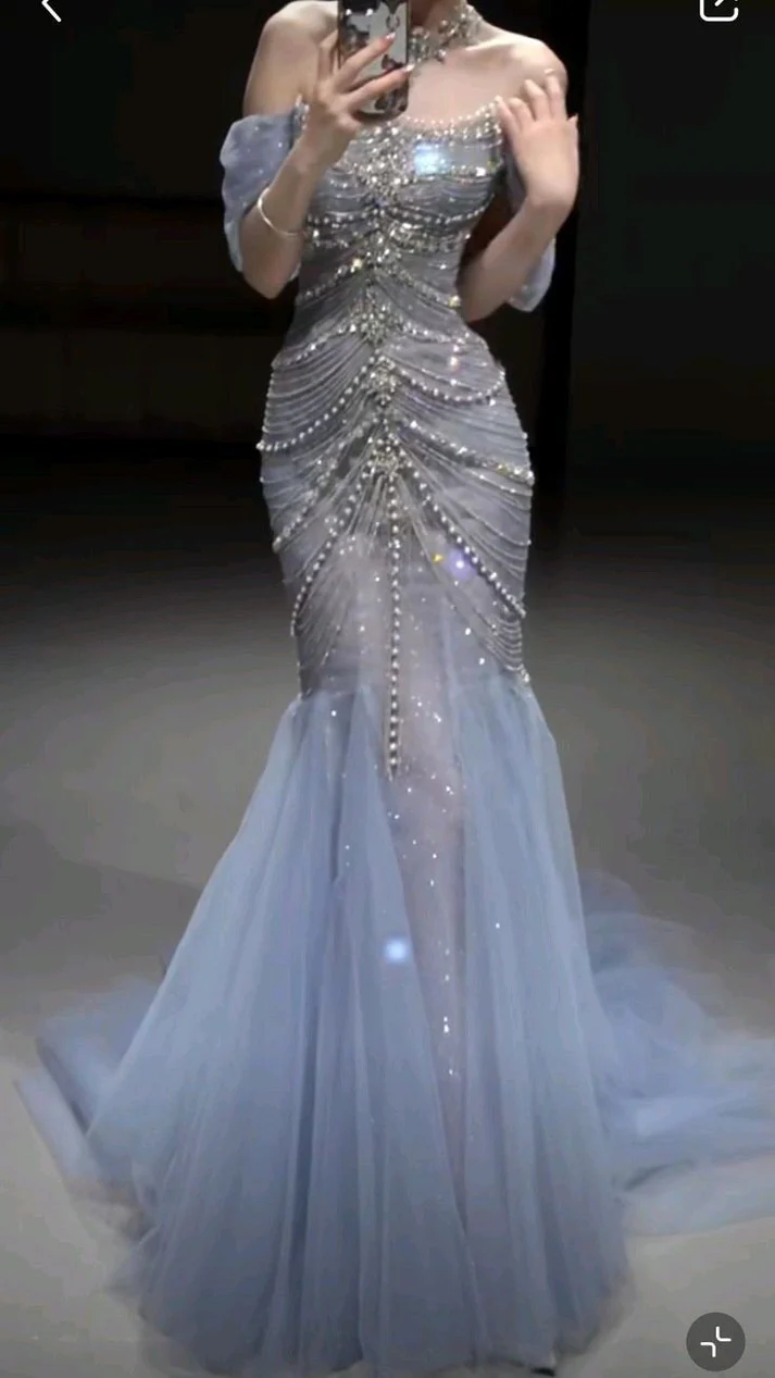 Precioso vestido de novia de tul azul con cuentas y hombros descubiertos, vestido de noche estilo sirena Y8058