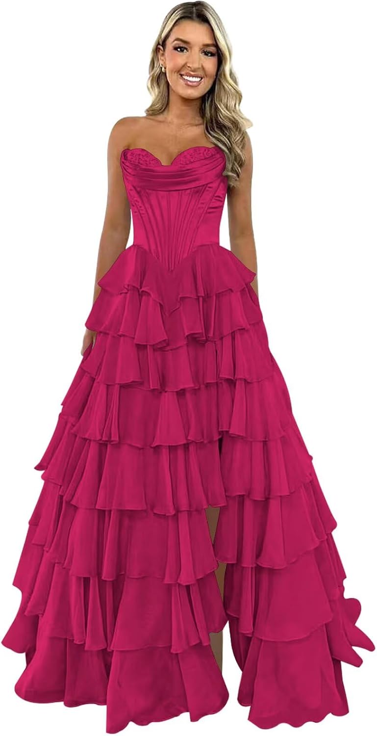 Trägerloses Korsett-Ballkleid für Damen 2025, langes, gestuftes, gerüschtes Chiffon-Abendkleid mit Schlitz 
