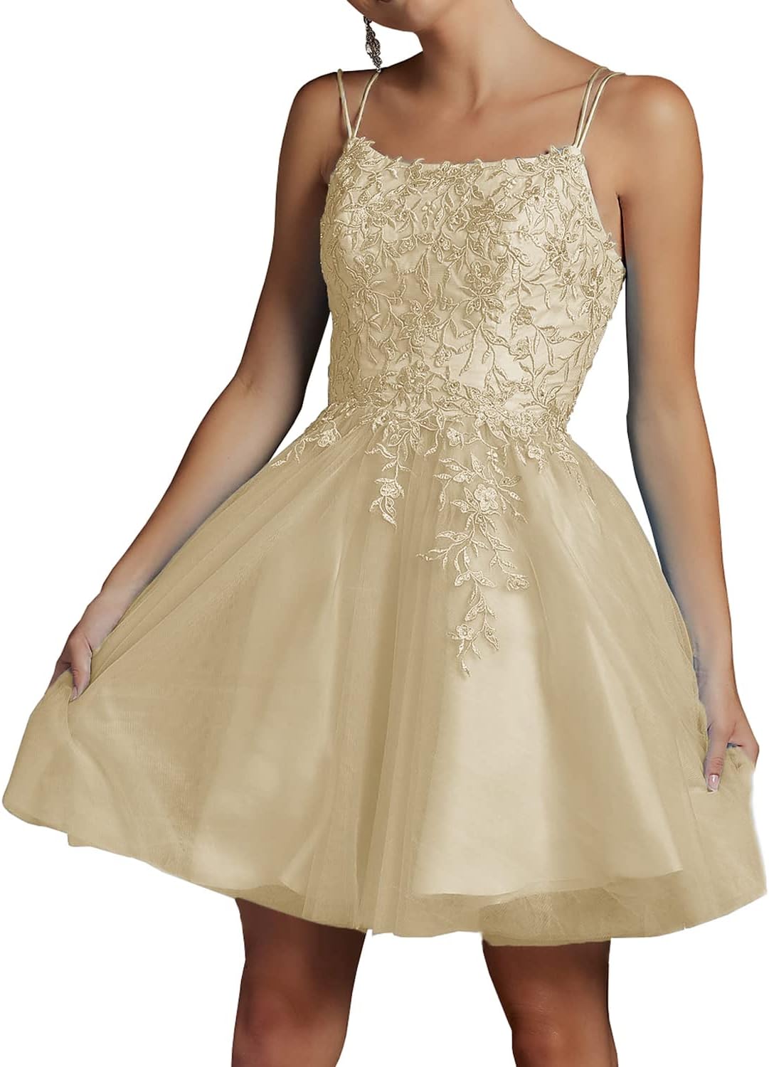 Modest Lace Beaded Tulle Homecoming Dresses Short Square Neck Prom Dress Spaghetti Straps Party Gown