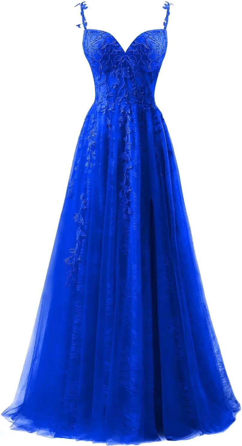 Lace Applique Tulle Prom Dresses for Women 2025 Spaghetti Straps Ball Gown Formal Evening Party Gown with Slit