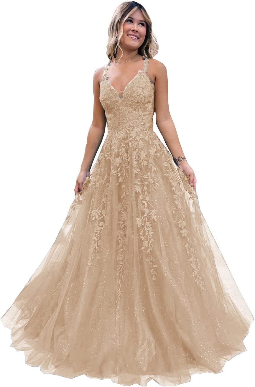 Floral Lace Glitter Tulle Prom Dress Long Ball Gown V Neck Formal Evening Dress Maxi Party Gown