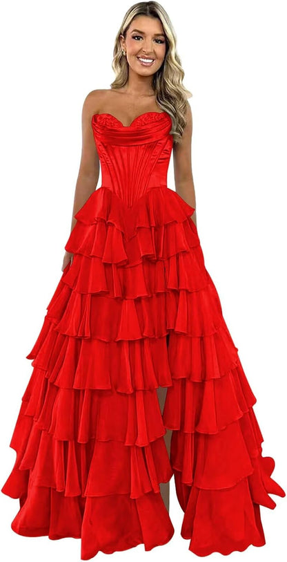 Trägerloses Korsett-Ballkleid für Damen 2025, langes, gestuftes, gerüschtes Chiffon-Abendkleid mit Schlitz 