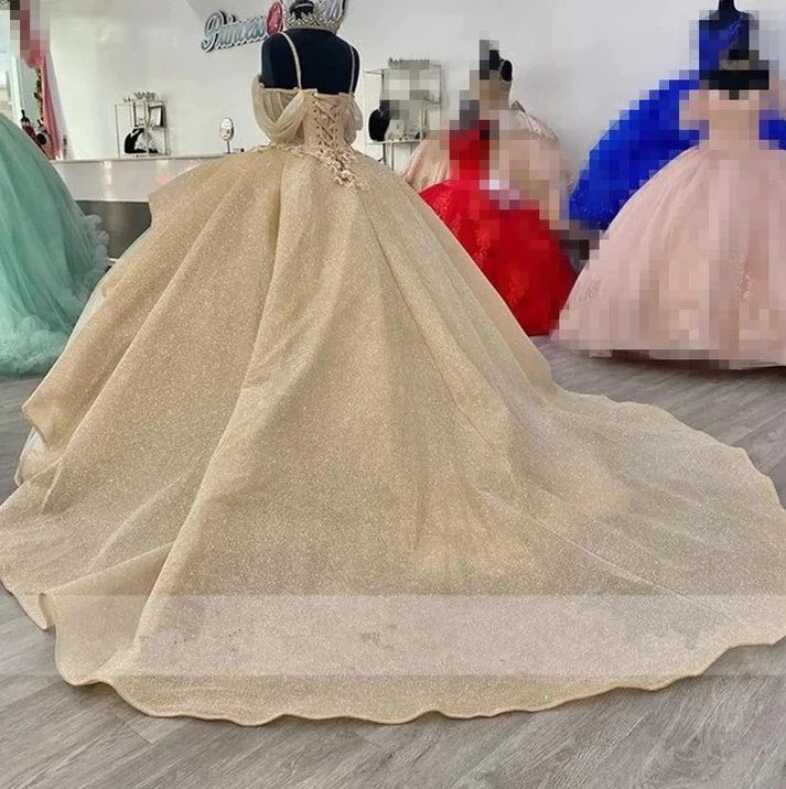 Sparkly Champagner Prinzessin Ballkleid Quinceanera Kleider Elegante Riemen Appliques Süße 16 Kleid Y4150
