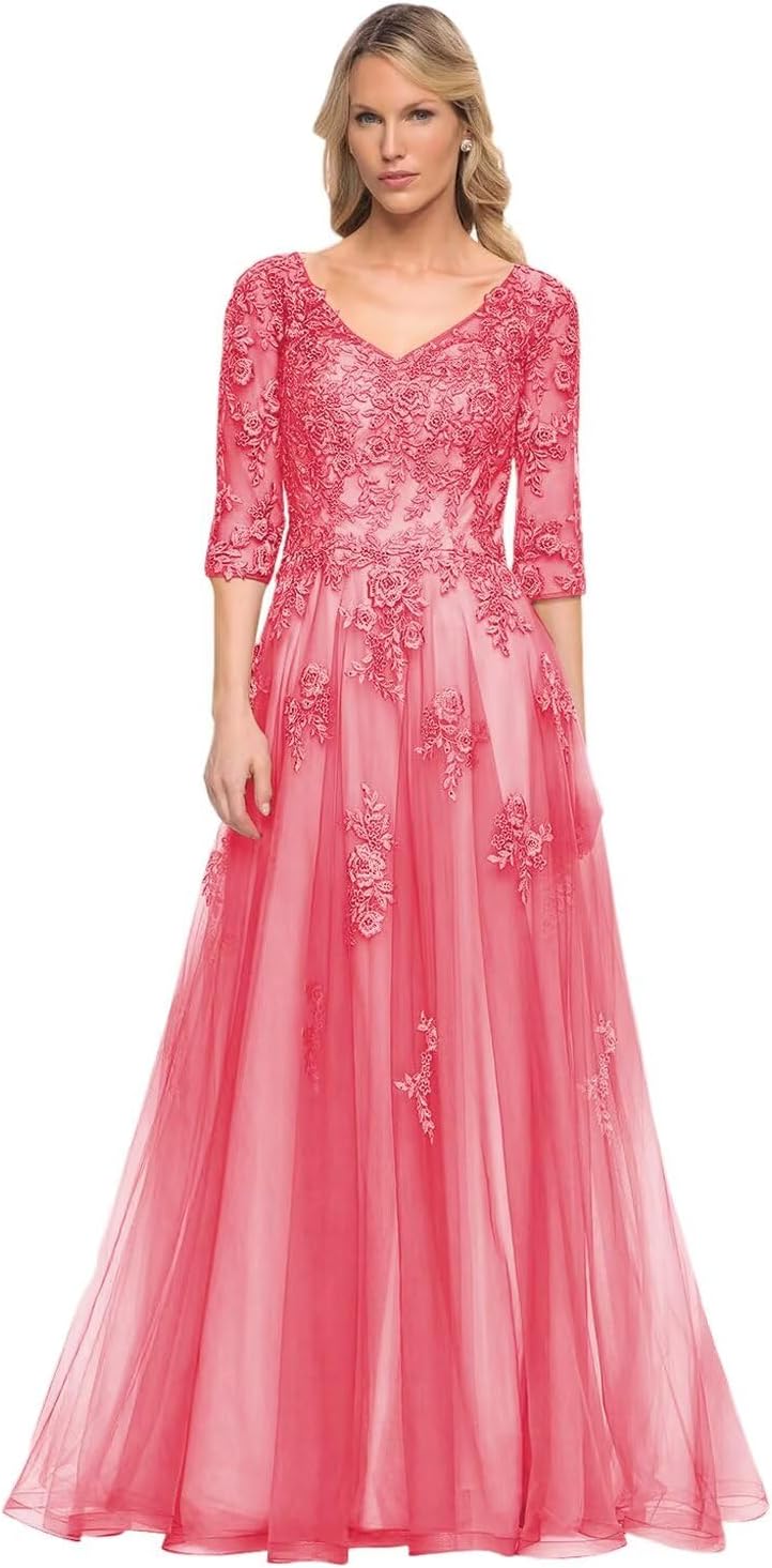 Women's V-Neck 3/4 Sleeve Mother of The Bride Dress A-line Tulle Lace Appliques Long Formal Party Dress QA117