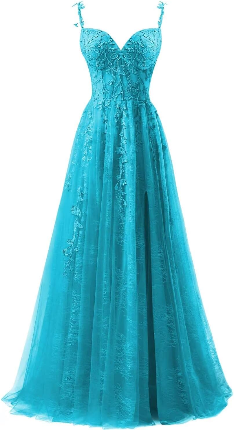 Lace Applique Tulle Prom Dresses for Women 2025 Spaghetti Straps Ball Gown Formal Evening Party Gown with Slit