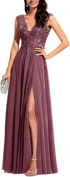 Chiffon Appliques Bridesmaid Dress Long V Neck Beaded Wedding Guest Gown with Split