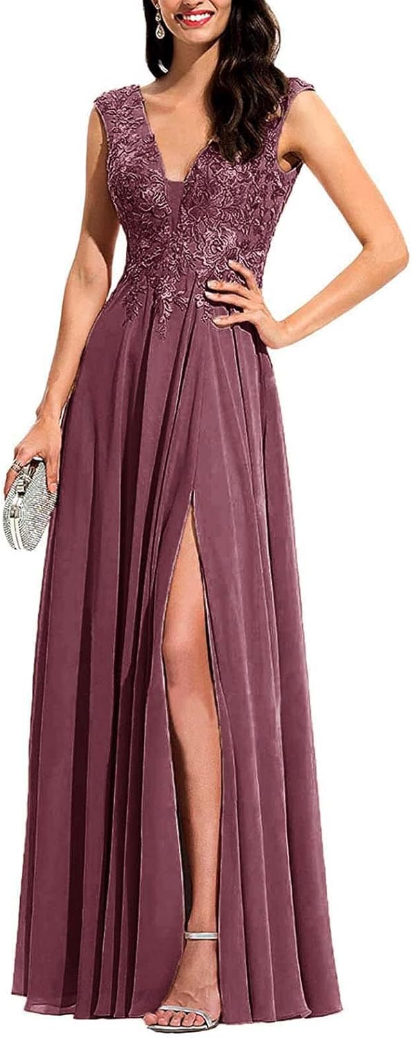 Chiffon Appliques Bridesmaid Dress Long V Neck Beaded Wedding Guest Gown with Split
