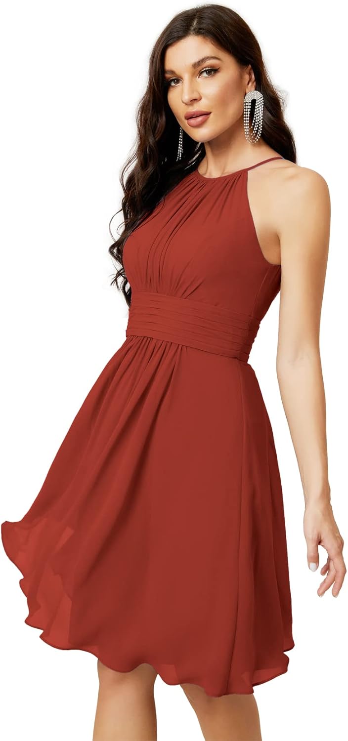Sunnderly Short Halter Top Chiffon Bridesmaid Dresses Tea Length A Line Formal Evening Party Cocktail Dress Dusty Rose