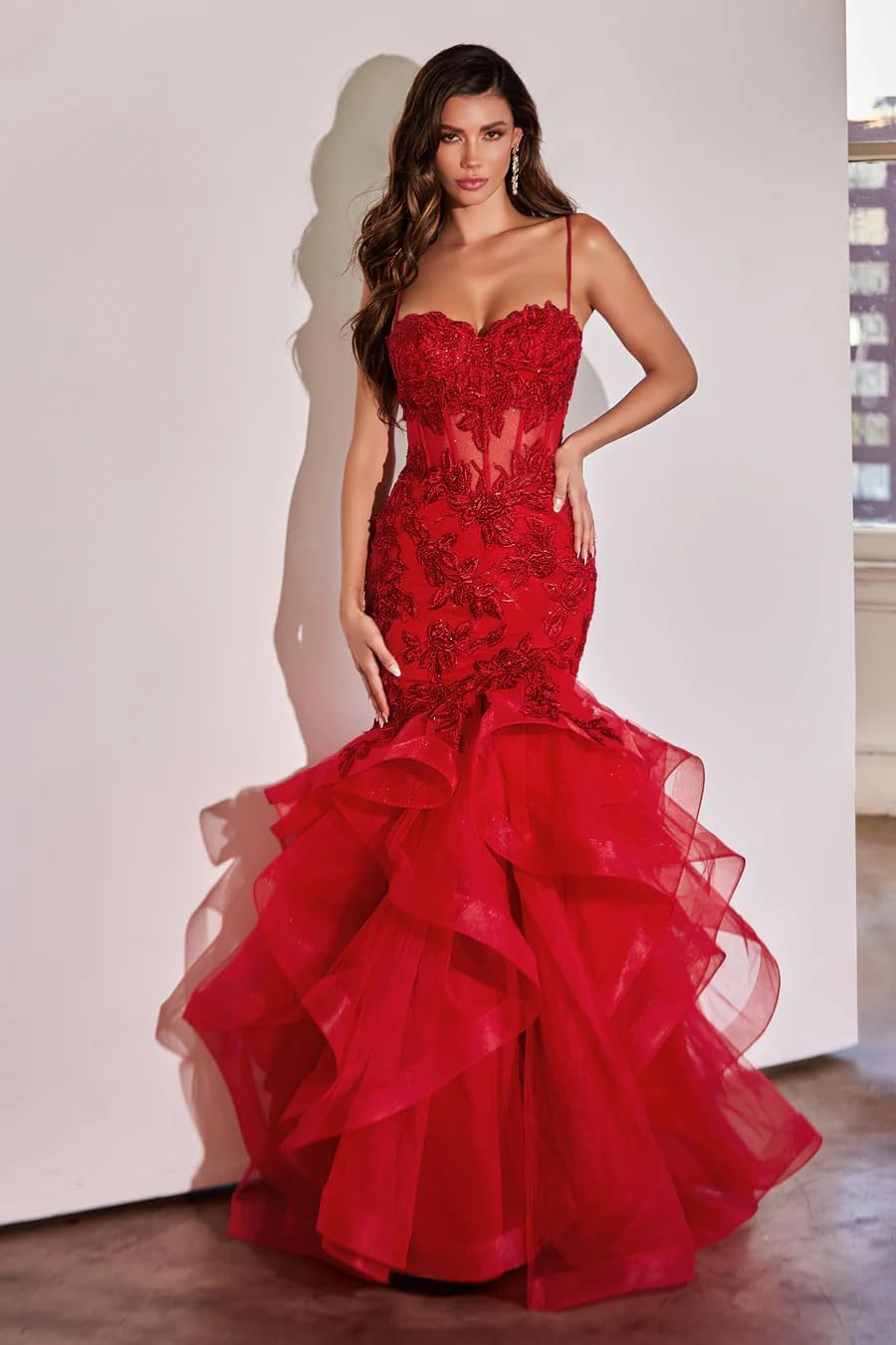 Damen Ballkleid mit Spitzenapplikation, Tüll, lang, Meerjungfrau-Stil, Rüschen, funkelnd, formelles Abendkleid 