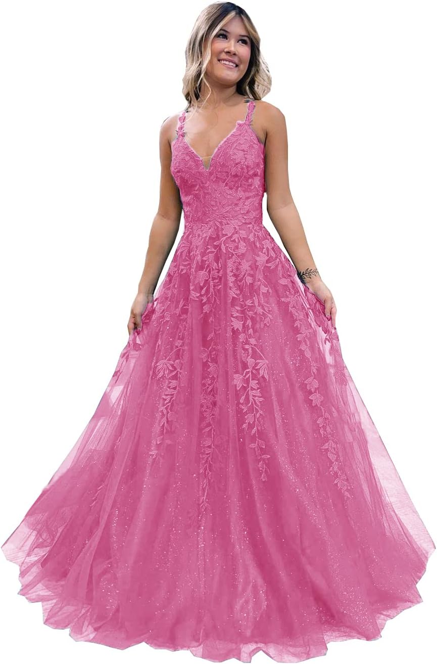 Floral Lace Glitter Tulle Prom Dress Long Ball Gown V Neck Formal Evening Dress Maxi Party Gown