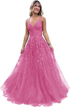 Floral Lace Glitter Tulle Prom Dress Long Ball Gown V Neck Formal Evening Dress Maxi Party Gown