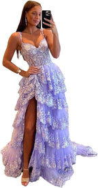 Glitzerndes, gestuftes Spitzen-Tüll-Ballkleid, lang, 2025, Spaghettiträger, formelles Korsett-Abendkleid mit Schlitz 