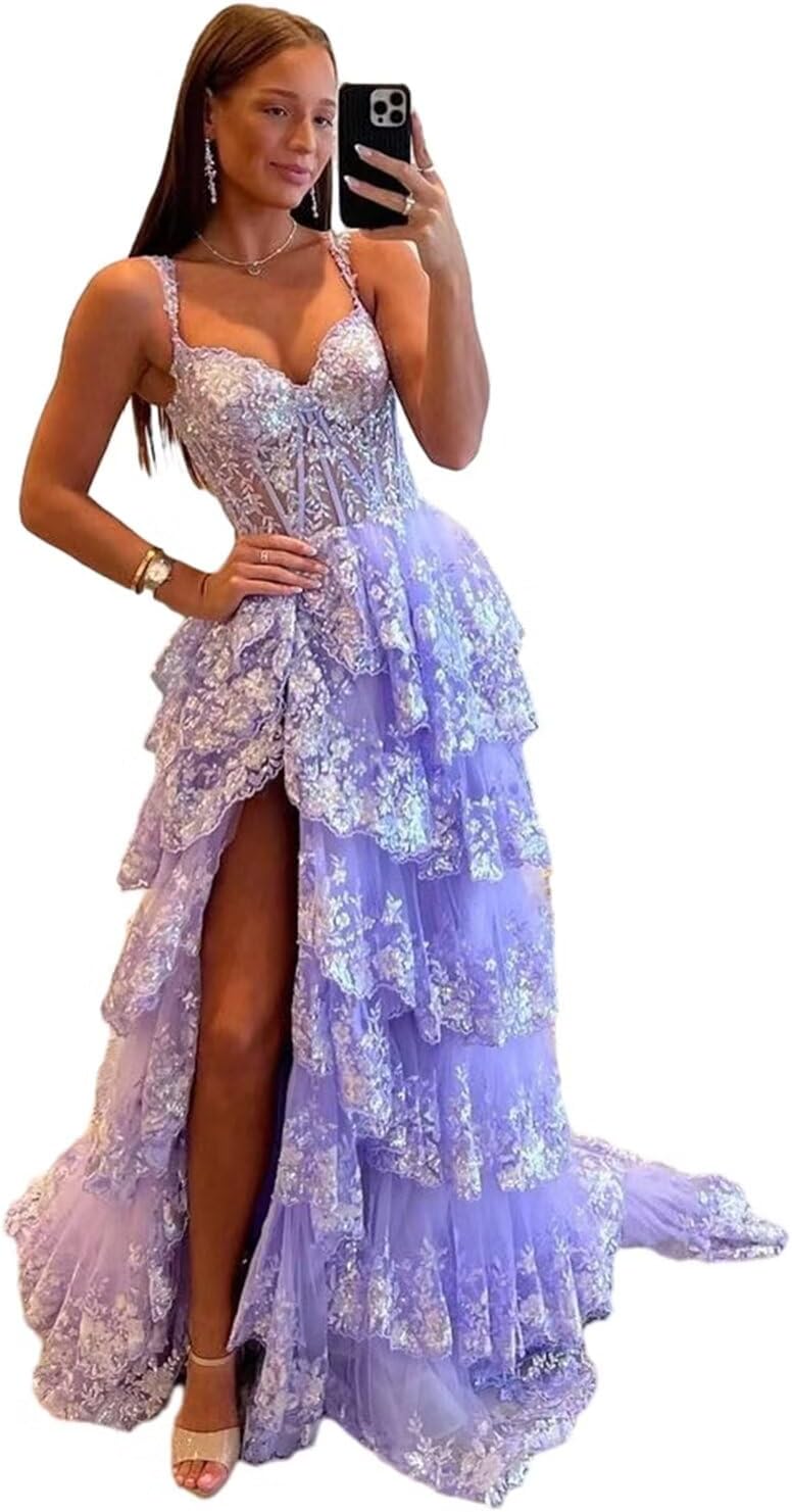 Glitzerndes, gestuftes Spitzen-Tüll-Ballkleid, lang, 2025, Spaghettiträger, formelles Korsett-Abendkleid mit Schlitz 