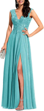 Chiffon Appliques Bridesmaid Dress Long V Neck Beaded Wedding Guest Gown with Split