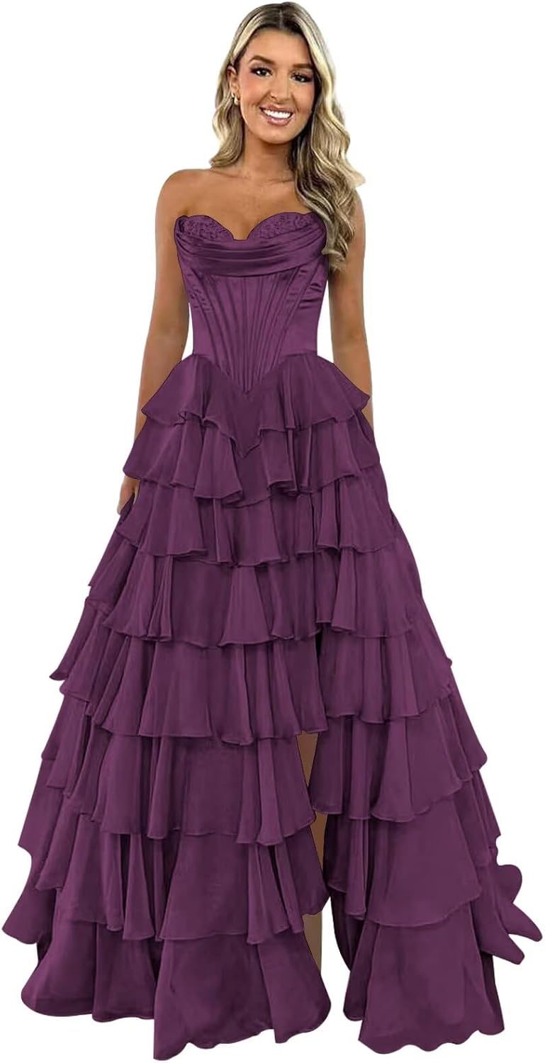 Trägerloses Korsett-Ballkleid für Damen 2025, langes, gestuftes, gerüschtes Chiffon-Abendkleid mit Schlitz 