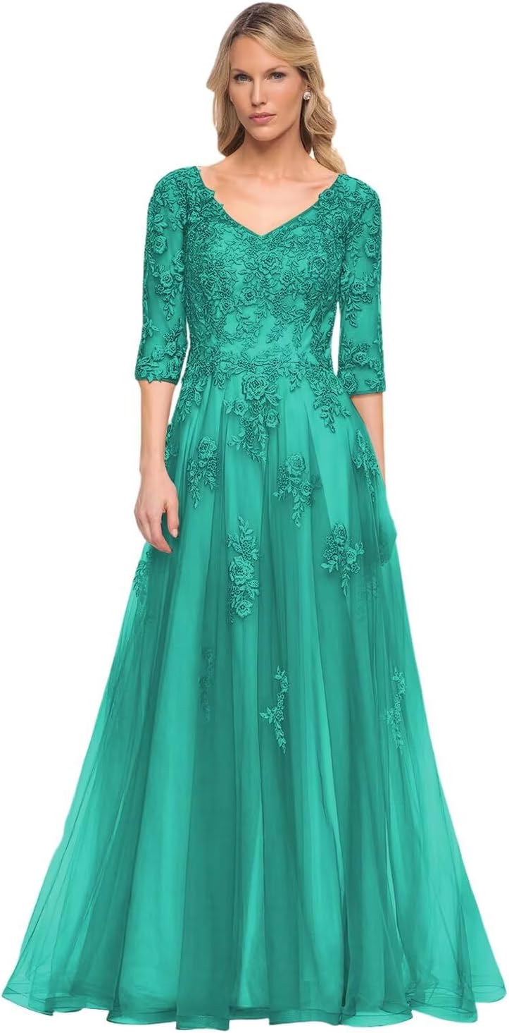 Women's V-Neck 3/4 Sleeve Mother of The Bride Dress A-line Tulle Lace Appliques Long Formal Party Dress QA117