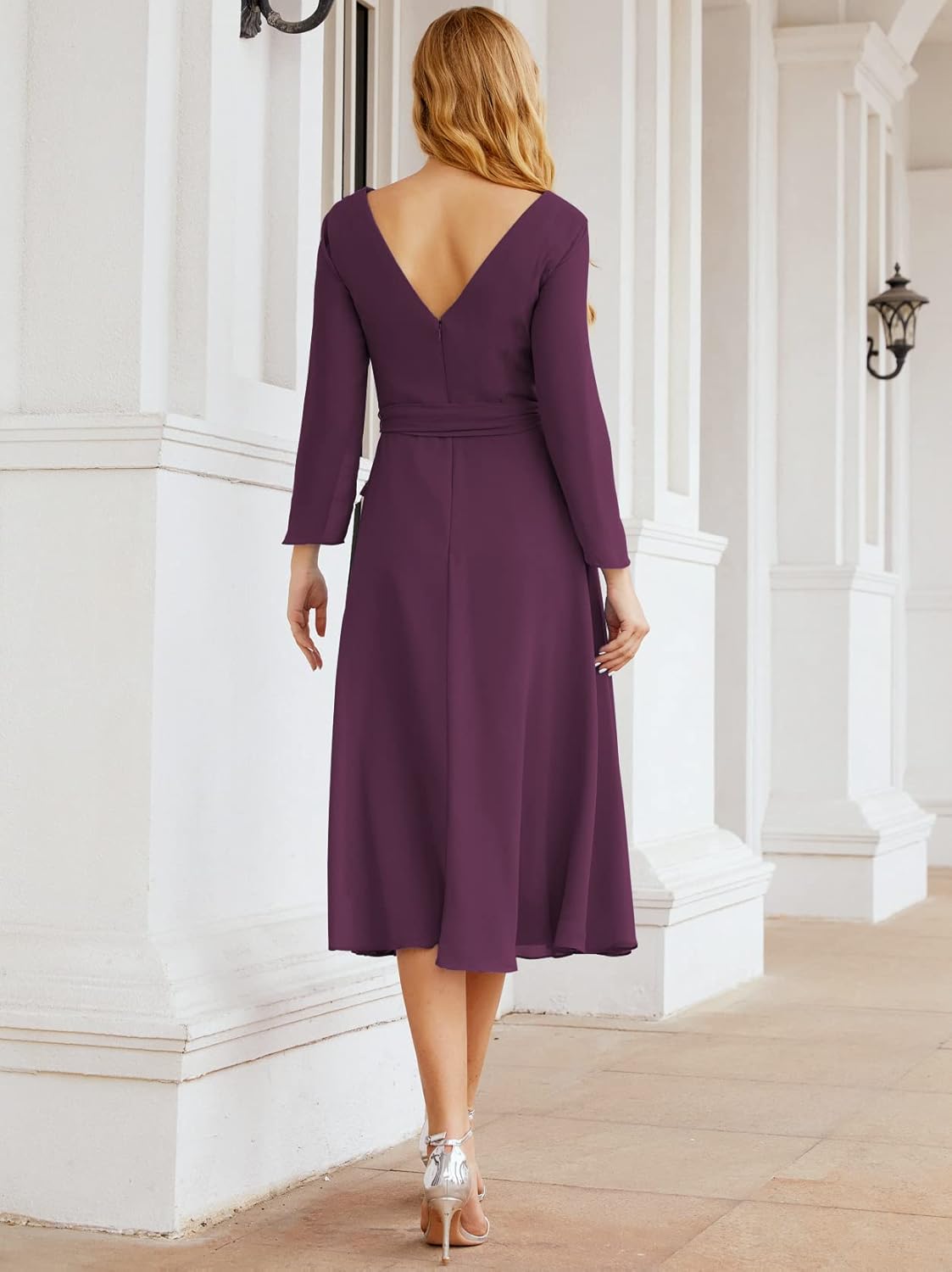 Sunnderly Chiffon Bridesmaid Dress V-Back Waist Belt Formal Prom Gown Mother of The Bride Wedding Guest