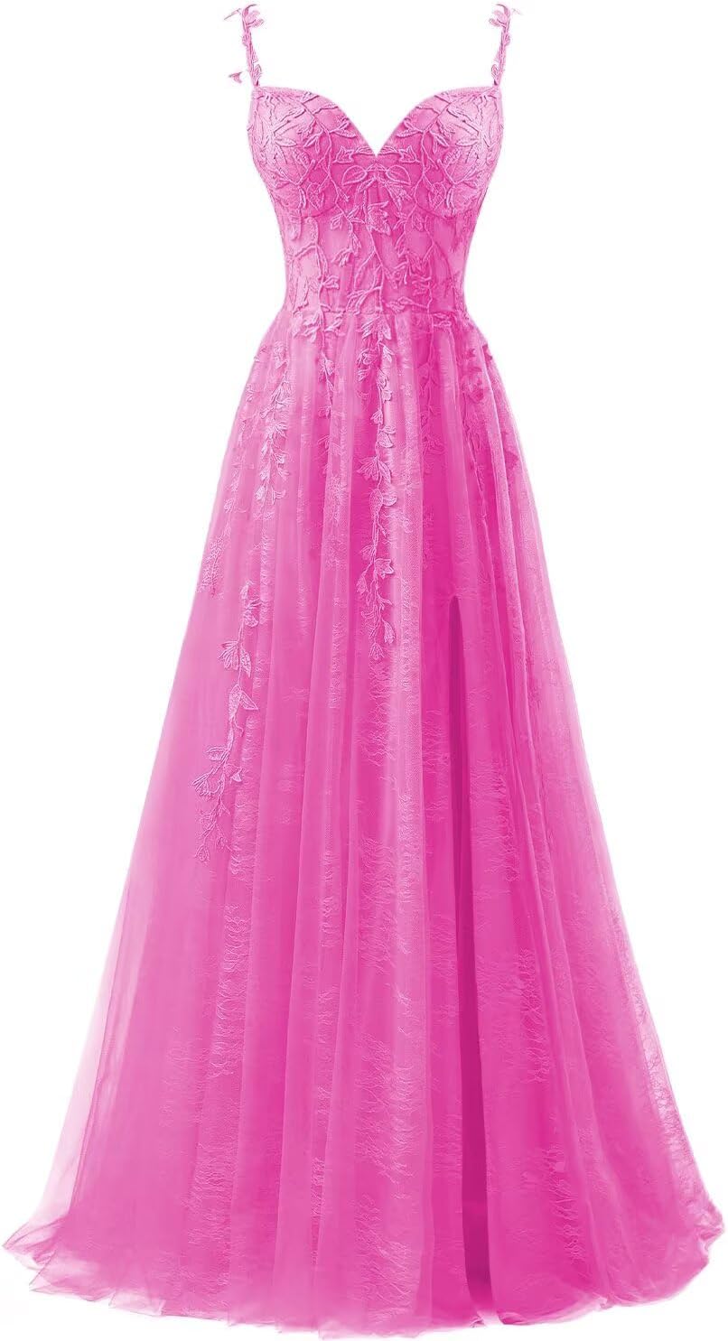 Lace Applique Tulle Prom Dresses for Women 2025 Spaghetti Straps Ball Gown Formal Evening Party Gown with Slit