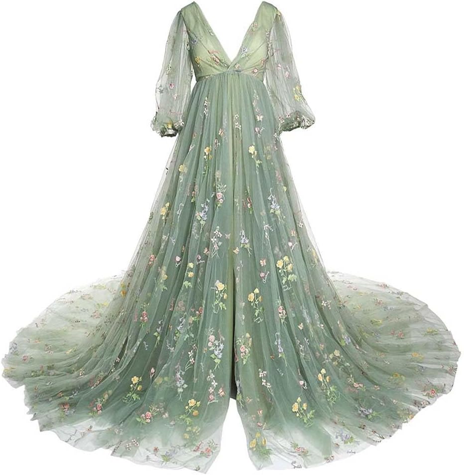 Embroidery Tulle Robe Maternity Dress for Photoshoot Ball Gown Slit Pregnancy Baby Shower Gown