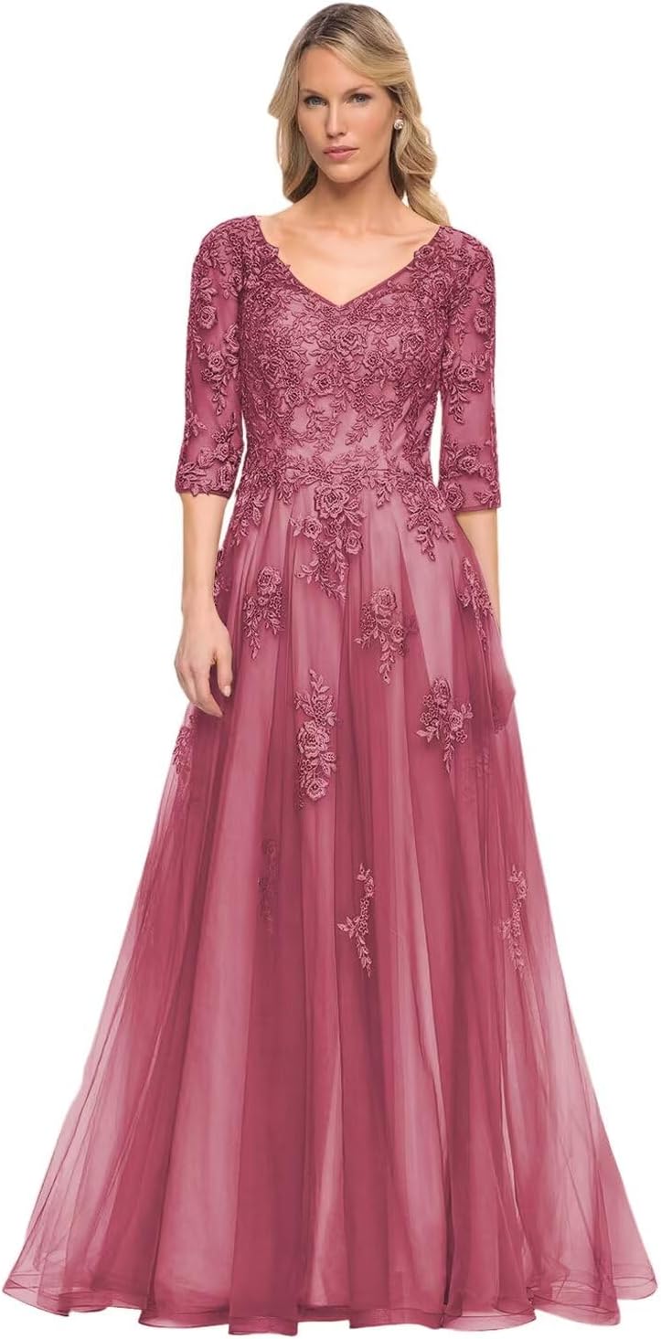 Women's V-Neck 3/4 Sleeve Mother of The Bride Dress A-line Tulle Lace Appliques Long Formal Party Dress QA117